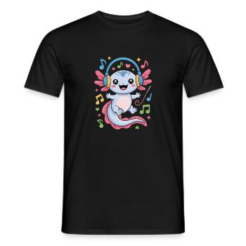 Kawaii Axolotl with Headphones and Musical Notes - Men's T-Shirt - black - Front - AI Model Male 178 light (178cm)