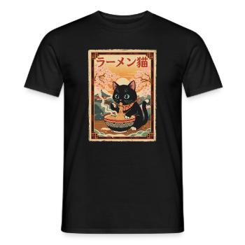 Schwarze Katze Ramen Japanischer Vintage Stil - Männer T-Shirt - Schwarz - Vorne - AI Model Male 178 light (178cm)