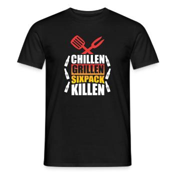 Chilling Grilling Sixpack Kill / BBQ Saying Funny - Men's T-Shirt - black - Front - AI Model Male 178 light (178cm)