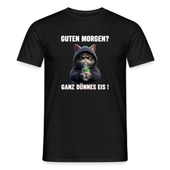 Morgenmuffel Katze mit Kaffee – Dünnes Eis - Männer T-Shirt - Schwarz - Vorne - AI Model Male 178 light (178cm)