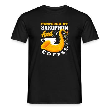 Powered by Saxophone and Coffee Saxophonist - Men's T-Shirt - black - Front - AI Model Male 178 light (178cm)