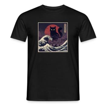 Giant Kaiju Cat Over Waves 巨猫怪獣現る - Men's T-Shirt - black - Front - AI Model Male 178 light (178cm)
