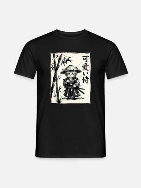 Samurai Cat Sumi-e Ink Drawing - Men's T-Shirt - black