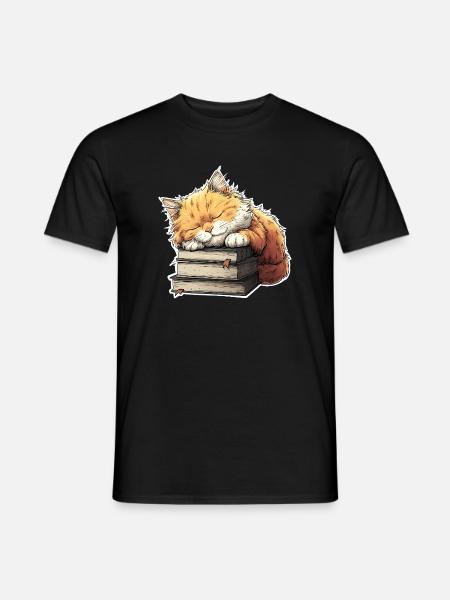Cute Cat Sleeping on Book Pile - Men's T-Shirt - black