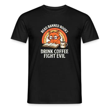 Lire des livres interdits Boire du café Se battre Chat maléfique - T-shirt homme - noir - Devant - AI Model Male 178 light (178cm)