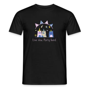 Live slow, party hard – Cute Cat Statement - Men's T-Shirt - black - Front - AI Model Male 178 light (178cm)