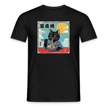 Kawaii Cat Eating Ramen Noodles Katze - Men's T-Shirt - black - Front - AI Model Male 178 light (178cm)
