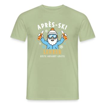 Après-ski instructor Lustig - first descent free of charge - Men's T-Shirt - sage - Front - AI Model Male 178 light (178cm)