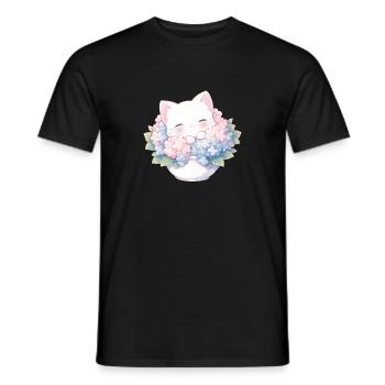 Süße weiße Katze in Hortensien – Kawaii Design - Männer T-Shirt - Schwarz - Vorne - AI Model Male 178 light (178cm)