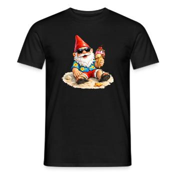 Gartenzwerg am Strand mit Eis in der Hand   - Men's T-Shirt - black - Front - AI Model Male 178 light (178cm)