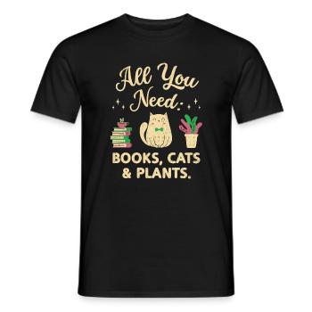 Alles, was du brauchst: Bücher, Katzen und Pflanzen - Männer T-Shirt - Schwarz - Vorne - AI Model Male 178 light (178cm)