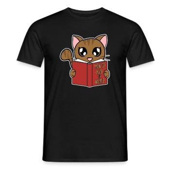 Cute Cat Reads How to Rule the World - Men's T-Shirt - black - Front - AI Model Male 178 light (178cm)