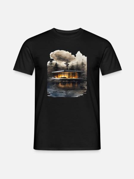 Firelit Modern Cabin on Lake - Men's T-Shirt - black
