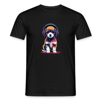 Poodle puppy with headphones - Men's T-Shirt - black - Front - AI Model Male 178 light (178cm)