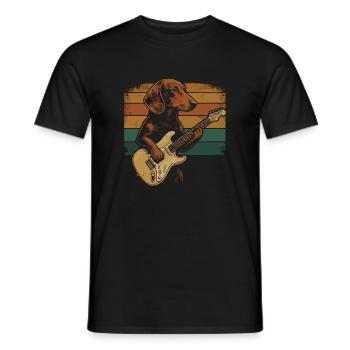 Dachshund Dog with Electric Guitar Retro Look - Men's T-Shirt - black - Front - AI Model Male 178 light (178cm)