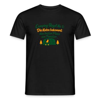 Camping-Regel Nr. 1: Die Katze bestimmt - Männer T-Shirt - Schwarz - Vorne - AI Model Male 178 light (178cm)