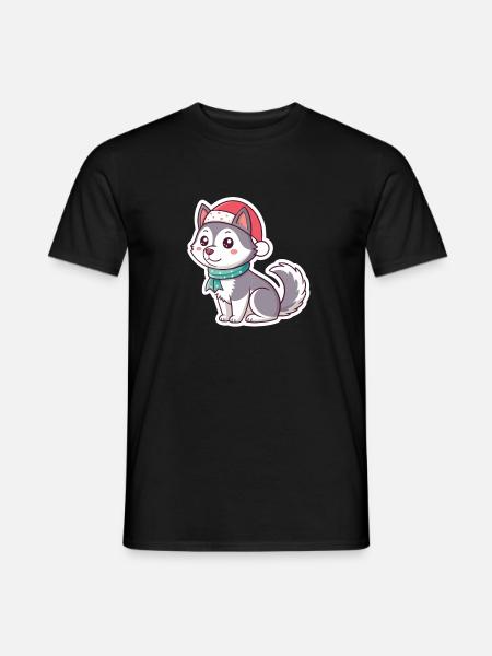 Festlicher Husky mit rotem Hut - Männer T-Shirt - Schwarz