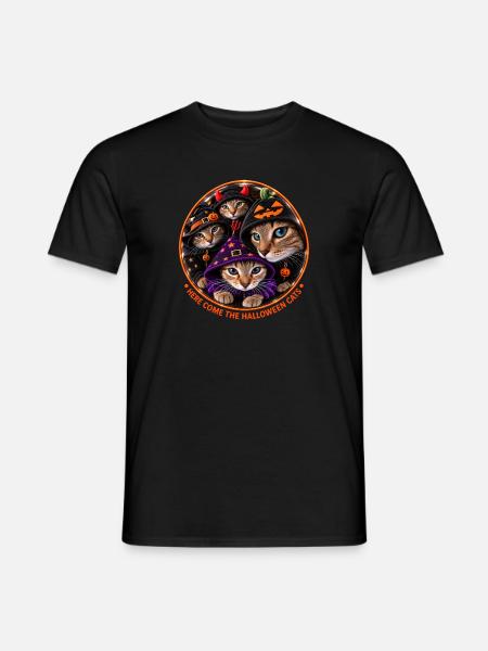 Halloween Katzen im Kostüm Rundemblem - Männer T-Shirt - Schwarz