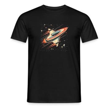 Retro-futuristisches weiß-orangefarbenes Raumschiff bewegt sich - Männer T-Shirt - Schwarz - Vorne - AI Model Male 178 light (178cm)