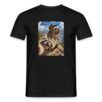 Lustiges Waschbär Selfie mit Bigfoot, T-Rex, UFO - Männer T-Shirt - Schwarz - Vorne - AI Model Male 178 light (178cm)