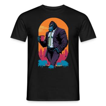 Illustration des années 80 d’un gorille avec une tasse de café - T-shirt homme - noir - Devant - AI Model Male 178 light (178cm)