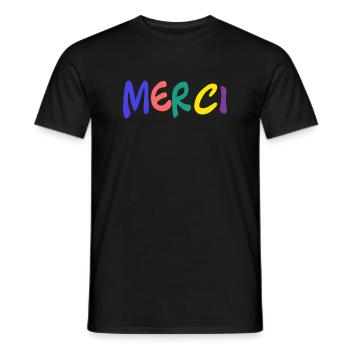 MERCI. THANKS. THANK YOU. ANNIVERSAIRE. NAISSANCE. - T-shirt homme - noir - Devant - AI Model Male 178 light (178cm)
