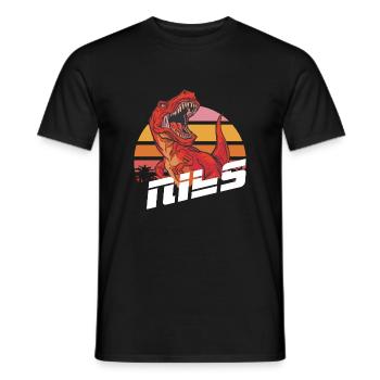 NILS - Beautiful Young Name with T-REX Dino - Men's T-Shirt - black - Front - AI Model Male 178 light (178cm)