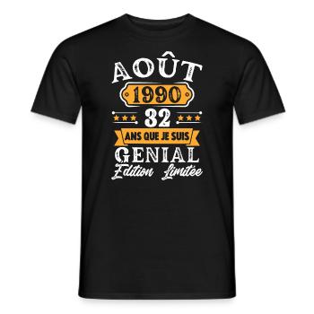 Cadeau D'anniversaire 32 Ans Août 1990 Rétro - T-shirt homme - noir - Devant - AI Model Male 178 light (178cm)