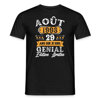 Cadeau D'anniversaire 29 Ans Août 1993 Rétro - T-shirt homme - noir - Devant - AI Model Male 178 light (178cm)