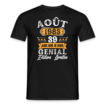 Cadeau D'anniversaire 39 Ans Août 1983 Rétro - T-shirt homme - noir - Devant - AI Model Male 178 light (178cm)