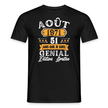 Cadeau D'anniversaire 51 Ans Août 1971 Rétro - T-shirt homme - noir - Devant - AI Model Male 178 light (178cm)