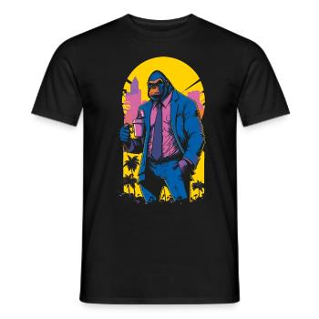 Illustration des années 80 d’un gorille avec une tasse de café - T-shirt homme - noir - Devant - AI Model Male 178 light (178cm)
