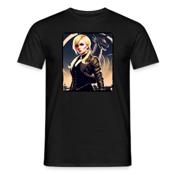 Blonde girl in cool steampunk style with dragon - Men's T-Shirt - black - Front - AI Model Male 178 light (178cm)