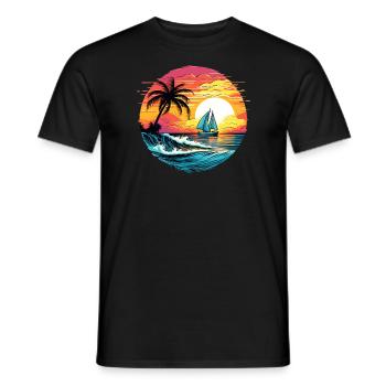Voilier, Voile, Coucher de soleil, Mer, Palmiers - T-shirt homme - noir - Devant - AI Model Male 178 light (178cm)
