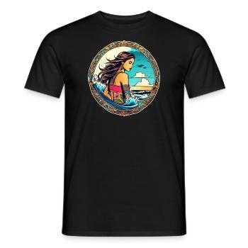 Jolie surfeuse fille sur la plage avec coucher de soleil - T-shirt homme - noir - Devant - AI Model Male 178 light (178cm)