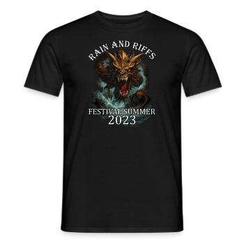 Rock Festival Survivor 2023 Rain Riffs Campground - Men's T-Shirt - black - Front - AI Model Male 178 light (178cm)