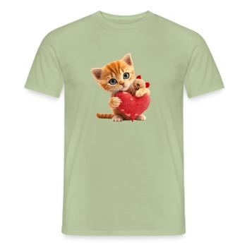 chaton avec un grand coeur - T-shirt homme - vert sauge - Devant - AI Model Male 178 light (178cm)