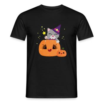 Cute halloween pumpkin witch cat - kawaii - Men's T-Shirt - black - Front - AI Model Male 178 light (178cm)