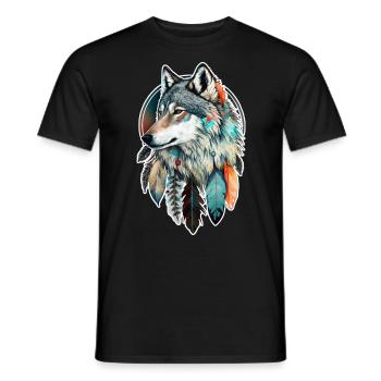 Wolf Aquarell Federn Indianer Wildtier Mandala - Männer T-Shirt - Schwarz - Vorne - AI Model Male 178 light (178cm)