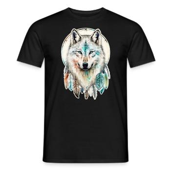 Wolf Aquarell Federn Indianer Wildtier Mandala - Männer T-Shirt - Schwarz - Vorne - AI Model Male 178 light (178cm)