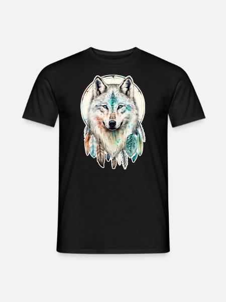 Wolf Aquarell Federn Indianer Wildtier Mandala - Männer T-Shirt - Schwarz