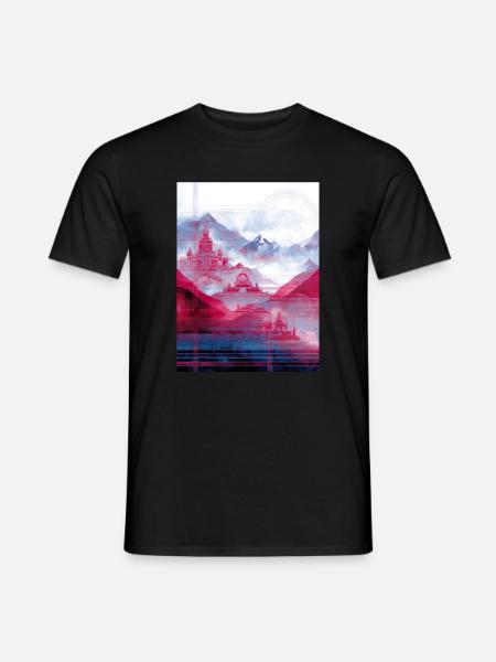 Psy-Art - Tempel über Berglandschaft - Männer T-Shirt - Schwarz