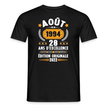 Cadeau D'anniversaire Rétro 28 Ans Août 1994 - T-shirt homme - noir - Devant - AI Model Male 178 light (178cm)