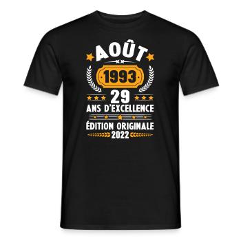 Cadeau D'anniversaire Rétro 29 Ans Août 1993 - T-shirt homme - noir - Devant - AI Model Male 178 light (178cm)