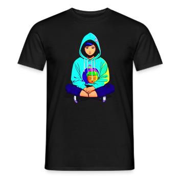 Cute girl doing yoga with hoodie - Men's T-Shirt - black - Front - AI Model Male 178 light (178cm)