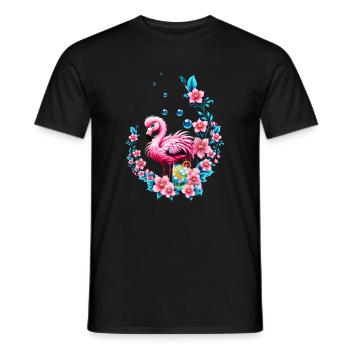 Flamant rose élégant avec des fleurs tropicales. - T-shirt homme - noir - Devant - AI Model Male 178 light (178cm)