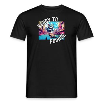 A Cat riding a Skateboard on Colorful City Street - Men's T-Shirt - black - Front - AI Model Male 178 light (178cm)