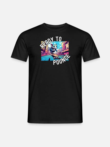 Kot jeżdżący na deskorolce po kolorowej ulicy miejskiej - T-shirt męski - czarny
