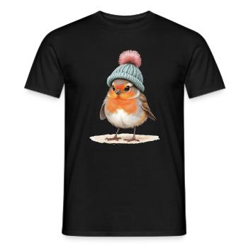 Robin en bonnet d’hiver en tricot - T-shirt homme - noir - Devant - AI Model Male 178 light (178cm)
