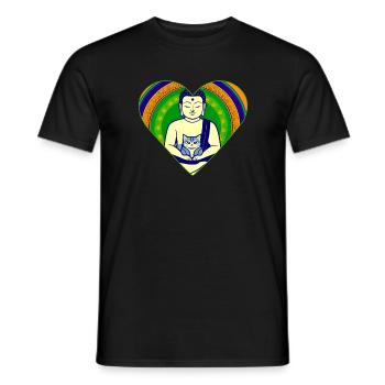 Buddha with cat in colorful heart shape - Men's T-Shirt - black - Front - AI Model Male 178 light (178cm)
